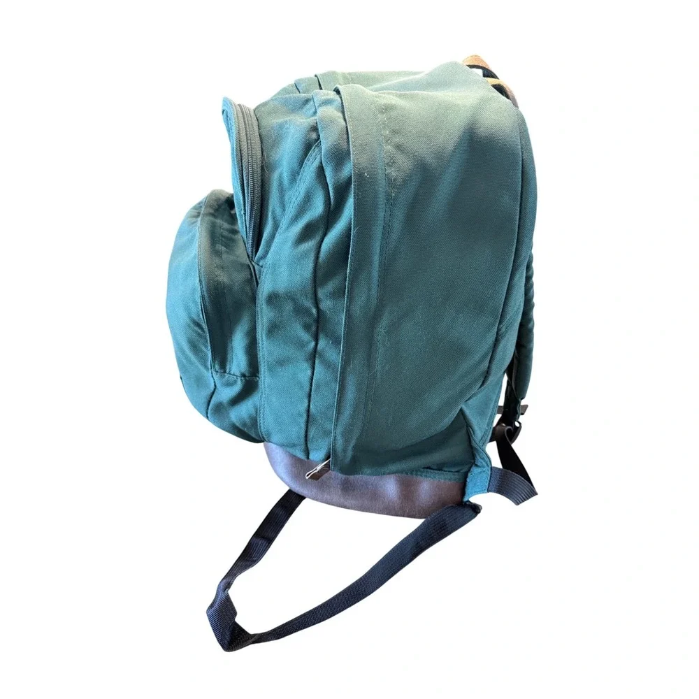 Vintage Eddie Bauer Green Nylon Canvas Backpack Leather Bottom Daypack Bag